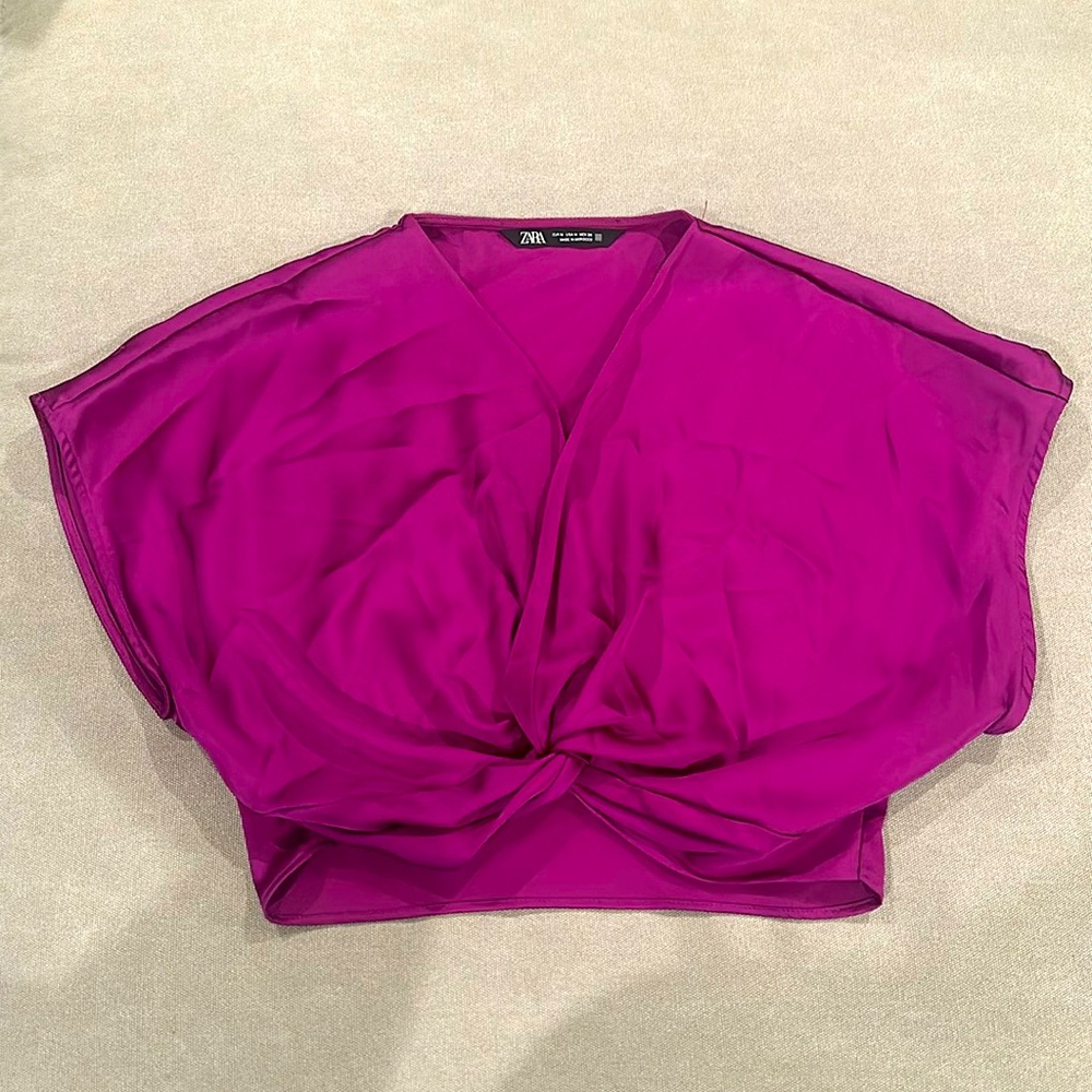 ZARA Purple Satin Twist Front Sleeveless Crop Top Shirt